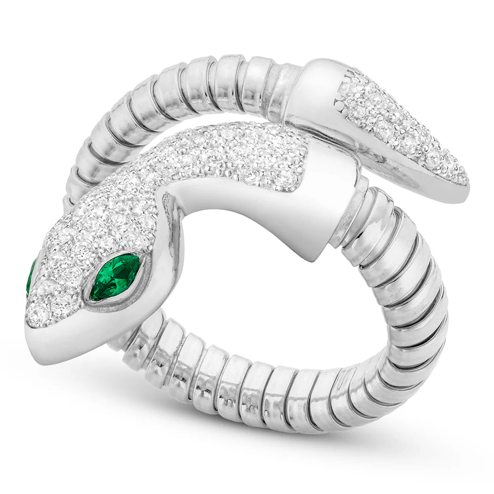 SERPENTINE SINGLE WRAP RING IN WHITE WITH GREEN EYES 02-083267-01GN-5