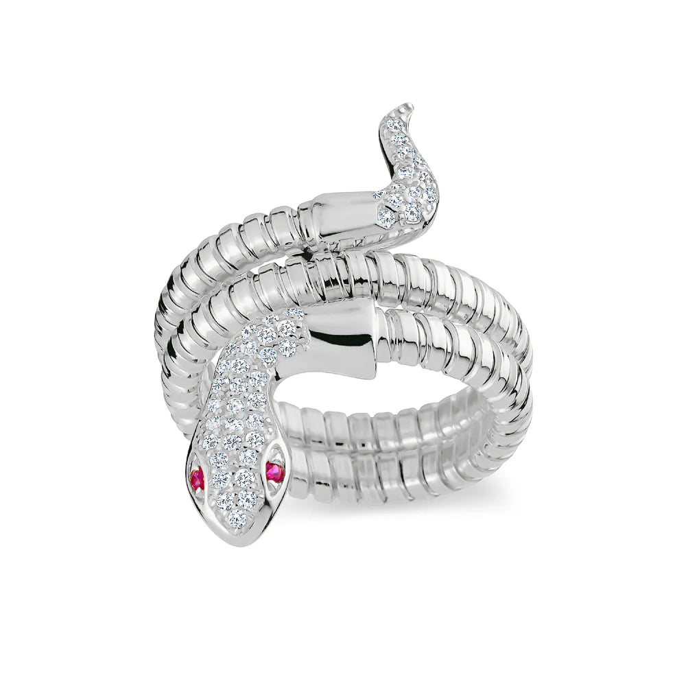 MINI SERPENTINE DOUBLE WRAP RING IN WHITE WITH RED EYES 02-086538-01RD