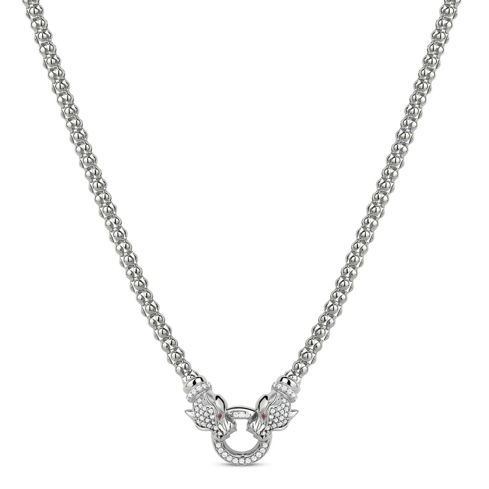 DOUBLE LIONESSE MESH NECKLACE IN WHITE WITH RED EYES 04-086540-01RD