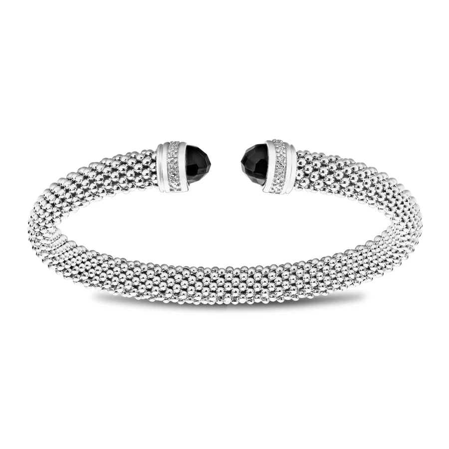 SLIP ON MESH BANGLE WITH BLACK ONYX CABOCHON IN WHITE 07-081921-01BK