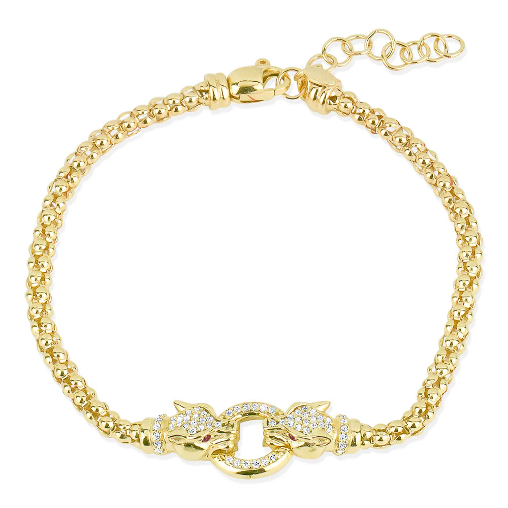 DOUBLE LIONESSE MESH BRACELET IN YELLOW WITH RED EYES 07-086540-02RD