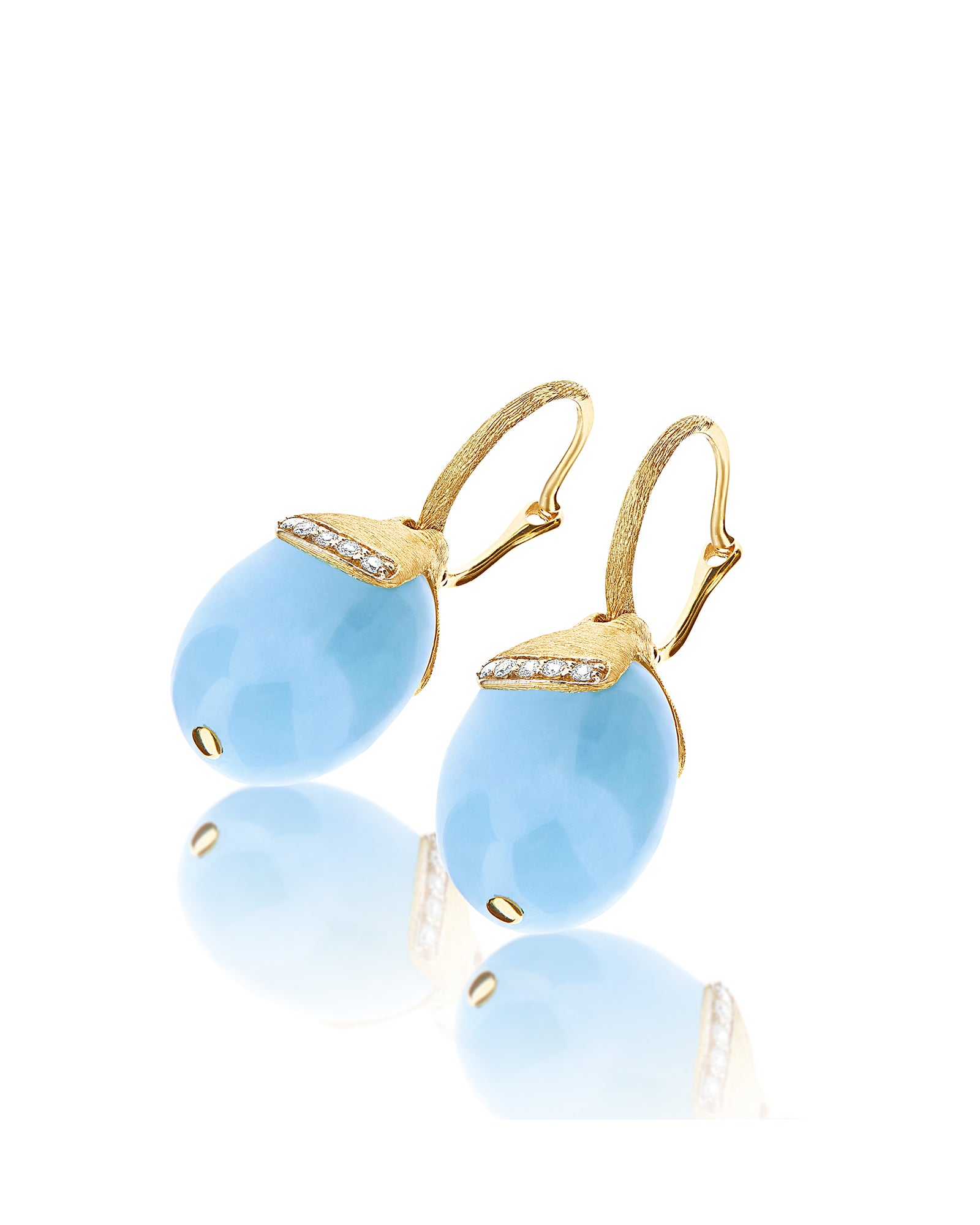 Nanis AZURE "AMULETS" CILIEGINE GOLD AND MILKY AQUAMARINE BALL DROP EARRINGS WITH DIAMONDS DETAILS (LARGE) OS16-587