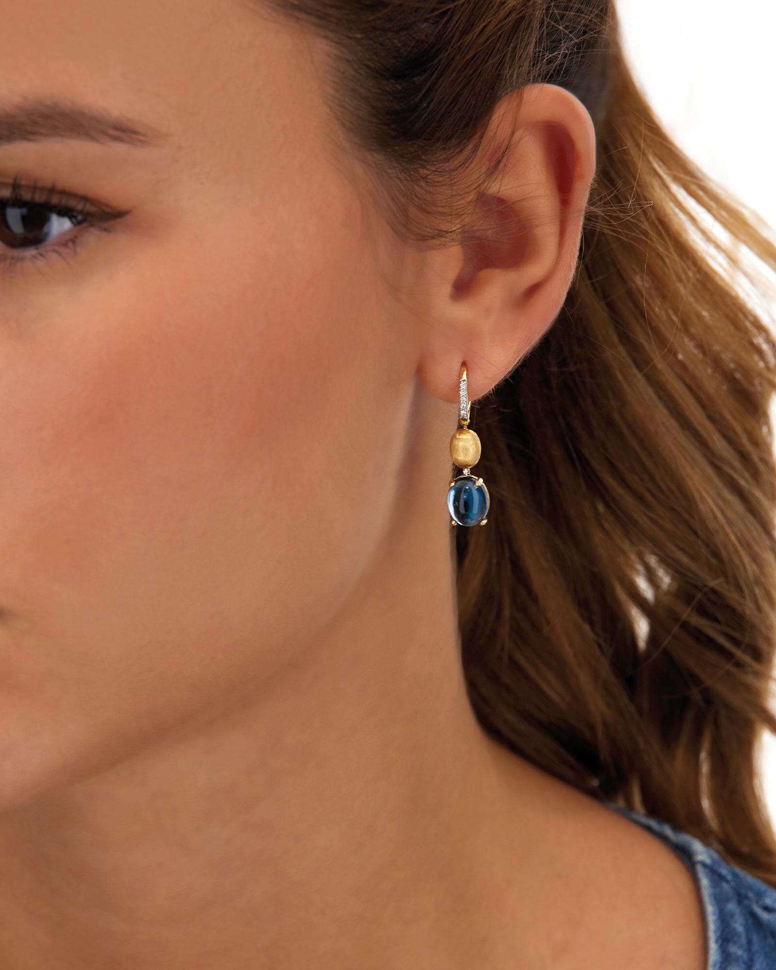 Nanis "AZURE" GOLD, DIAMONDS AND LONDON BLUE TOPAZ BOULES LEVERBACK EARRINGS OS24-597