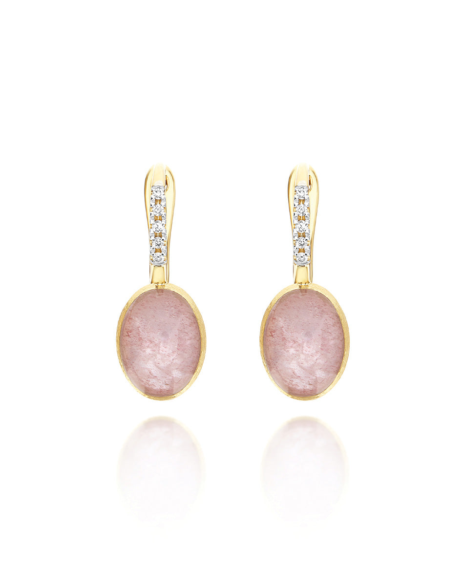 "Boules" Rosolio Ciliegine gold, rock crystal, strawberry quartz, and mother-of-pearl ball drop earrings with diamonds details (Small) OS3-609