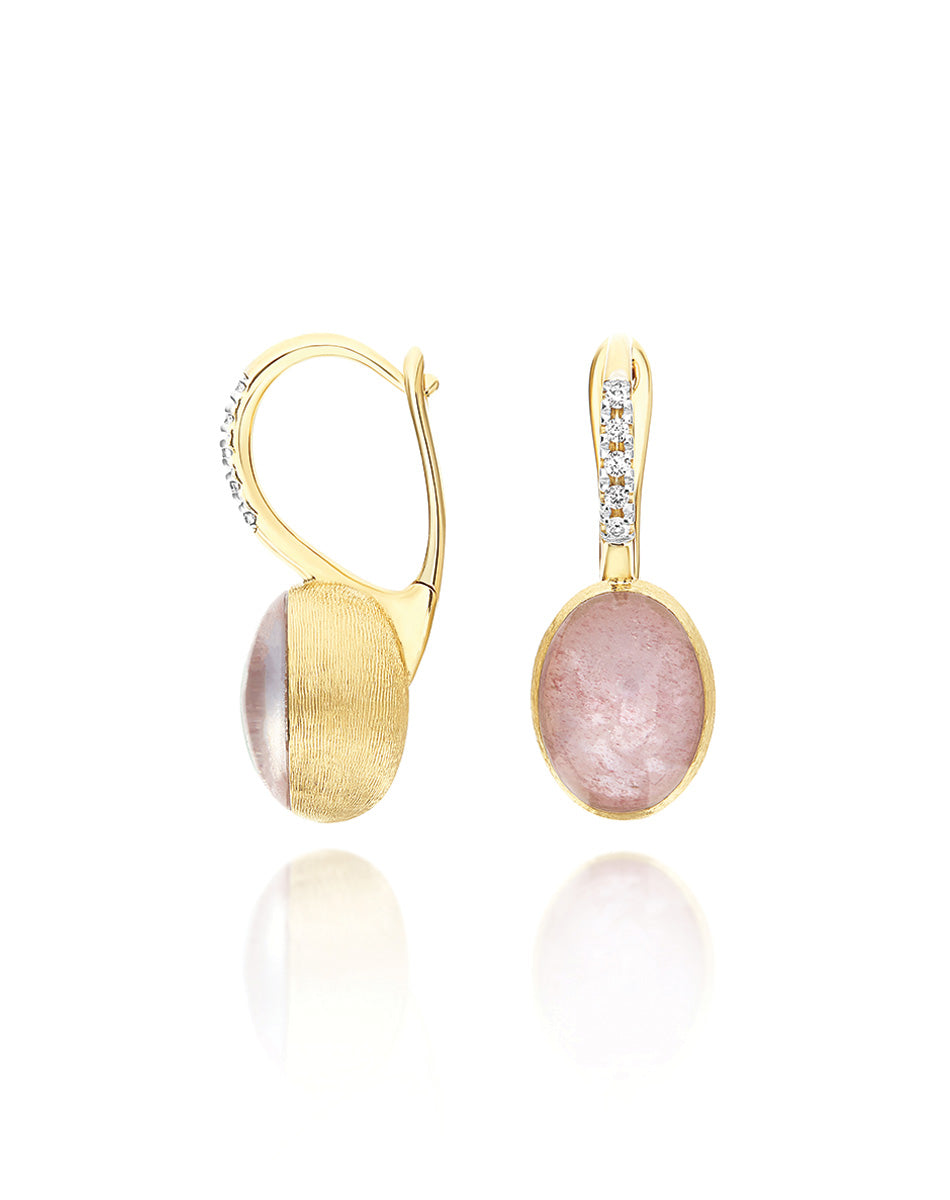 "Boules" Rosolio Ciliegine gold, rock crystal, strawberry quartz, and mother-of-pearl ball drop earrings with diamonds details (Small) OS3-609